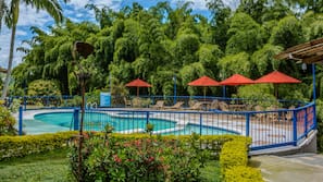 Outdoor pool, open 10:00 AM to 10:30 PM, pool umbrellas