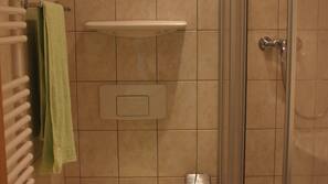 Shower, hair dryer, soap, toilet paper