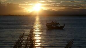 Na praia, espreguiçadeiras, guarda-sóis, toalhas de praia