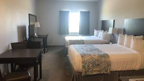 Desk, laptop workspace, blackout curtains, free WiFi