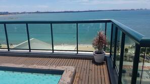 Outdoor pool, pool umbrellas, pool loungers