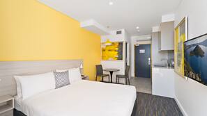 Blackout curtains, iron/ironing board, free WiFi, linens