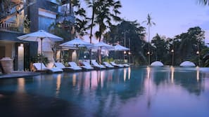 Outdoor pool, open 8:00 AM to 8:00 PM, pool umbrellas, pool loungers