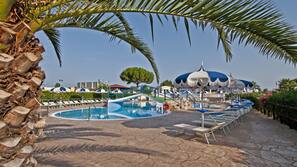 Seasonal outdoor pool, pool loungers
