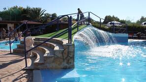 Seasonal outdoor pool, pool loungers