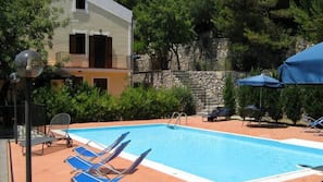 Piscina stagionale all'aperto, ombrelloni da piscina, lettini