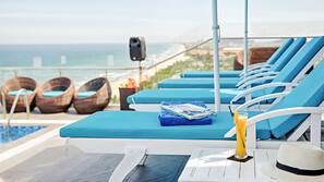 Outdoor pool, pool umbrellas, pool loungers