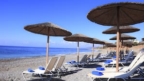 On the beach, sun-loungers, beach umbrellas, beach towels