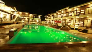 Outdoor pool, pool umbrellas, pool loungers