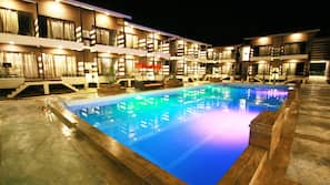 Outdoor pool, pool umbrellas, pool loungers