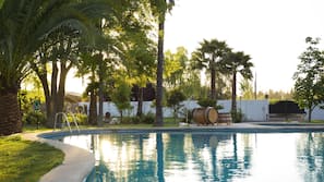 Seasonal outdoor pool, pool loungers
