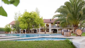 Seasonal outdoor pool, pool loungers