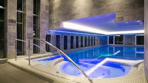 Indoor pool, open 8:00 AM to 8:00 PM, lifeguards on site