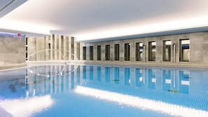 Indoor pool, open 8:00 AM to 8:00 PM, lifeguards on site