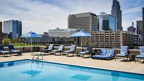 Seasonal outdoor pool, open 10:00 AM to 8:00 PM, pool umbrellas