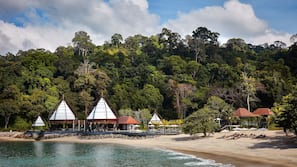 Private beach, white sand, sun-loungers, beach umbrellas