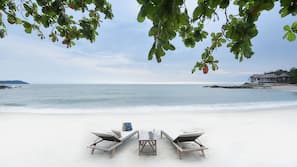 Private beach, white sand, sun-loungers, beach umbrellas
