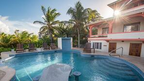 Outdoor pool, pool umbrellas, pool loungers