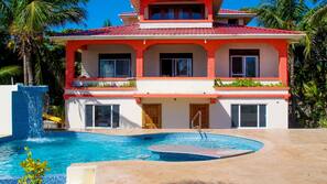 Outdoor pool, pool umbrellas, pool loungers