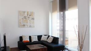 TV, DVD player, video library, stereo