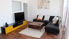 TV, DVD player, video library, stereo