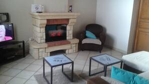 Télévision, cheminée, lecteur de DVD