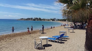 On the beach, sun loungers, beach umbrellas