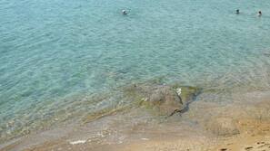 On the beach, sun loungers, beach umbrellas