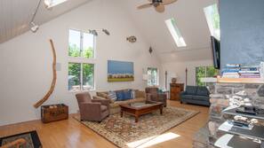 TV, fireplace, DVD player, video library