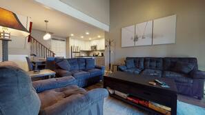 TV, fireplace, video game console, table football