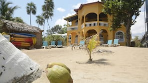 Private beach, sun loungers, beach towels, beach massages