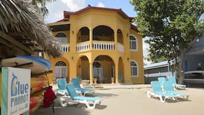 Private beach, sun loungers, beach towels, beach massages