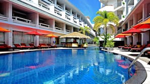 2 outdoor pools, pool umbrellas, pool loungers