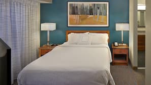 Premium bedding, desk, blackout drapes, iron/ironing board
