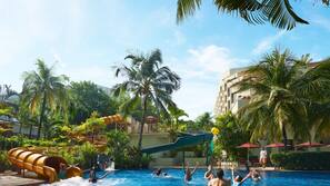 Outdoor pool, pool umbrellas, pool loungers
