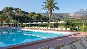 Piscina stagionale all'aperto, ombrelloni da piscina, lettini