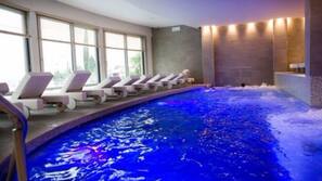 Indoor pool, seasonal outdoor pool, pool umbrellas, sun loungers