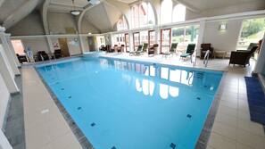 Indoor pool, open 7:30 AM to 9:00 PM, pool loungers