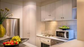 Fridge, microwave, hob, espresso maker