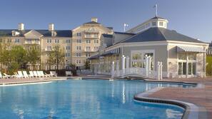 Indoor pool, outdoor pool, open 7 AM to 10 PM, sun loungers