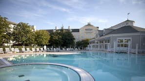 Indoor pool, outdoor pool, open 7 AM to 10 PM, sun loungers