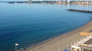 On the beach, sun-loungers, beach umbrellas, beach towels