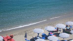On the beach, sun-loungers, beach umbrellas, beach towels