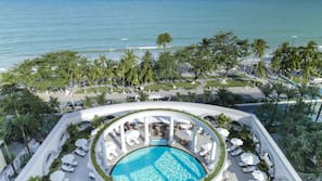 2 outdoor pools, open 7:00 AM to 7:00 PM, pool umbrellas, pool loungers