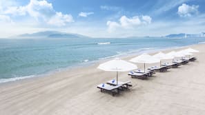 Private beach nearby, white sand, sun-loungers, beach umbrellas