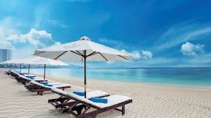 Private beach nearby, white sand, sun-loungers, beach umbrellas