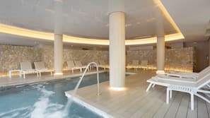 Indoor pool, outdoor pool, open 8:00 AM to 8:00 PM, pool loungers