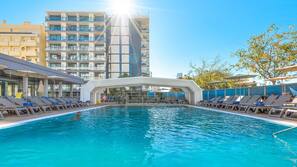 Indoor pool, outdoor pool, open 9:00 AM to 7:00 PM, pool umbrellas