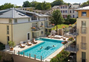 Indoor pool, outdoor pool, sun loungers