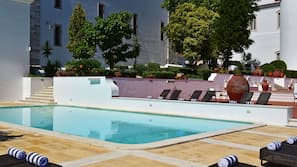 Outdoor pool, pool umbrellas, pool loungers